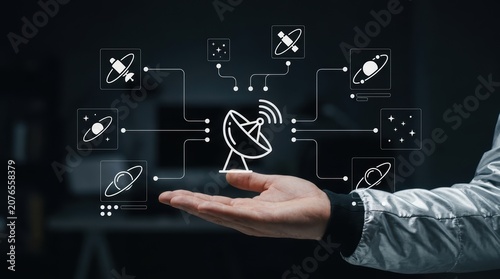 Photos Person presenting digital satellite communication interface for global data tran