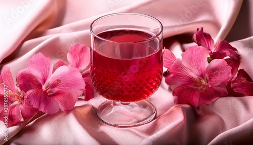 Elegant Glass Of Red Drink Surrounded By Pink Flowers On Satin