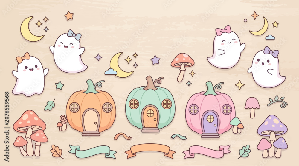 Obraz premium Colorful cartoon ghost characters playing.