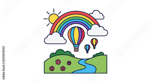 Colorful hot air balloon flying.