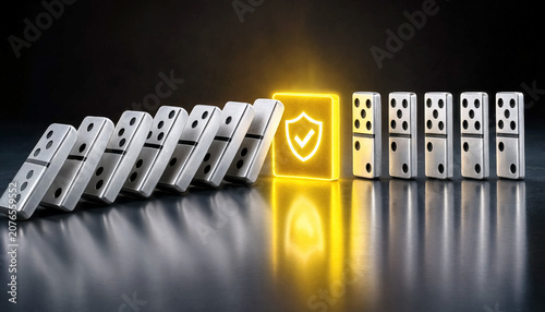 Dominoes positioned on a reflective surface illustrate the halting of a chain reaction by a glowing shield symbol representing robust protection, cybersecurity, and strong insurance policies for.