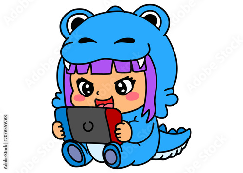 Cute Girl Wearing Blue Dinosaur Pajamas Using a Game