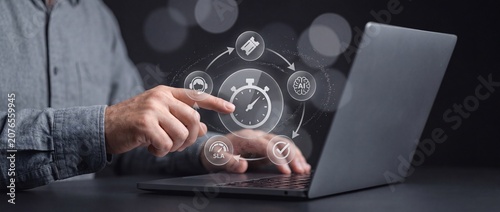 Professional businessman interacting with futuristic digital interface for service level agreement optimization and artificial intelligence workflow efficiency in corporate environment