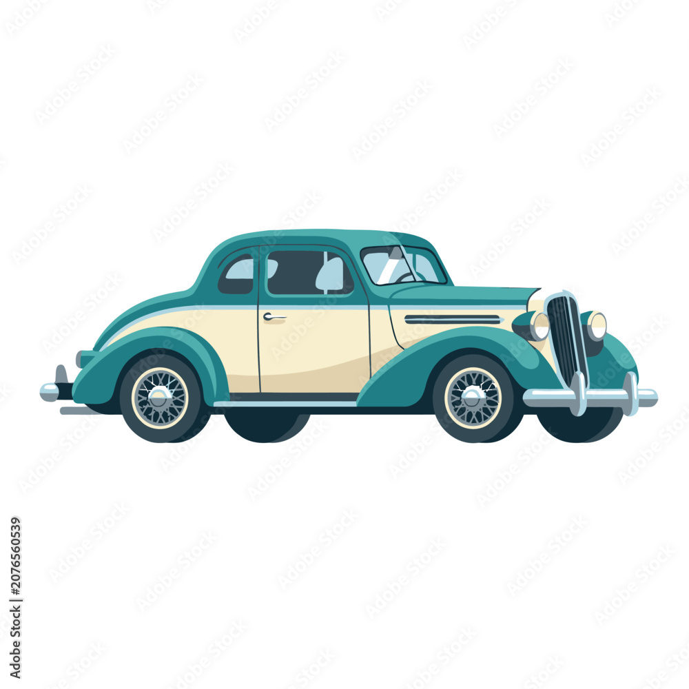 Fototapeta premium Vintage Turquoise and Cream Coupe Car Isolated on White Background