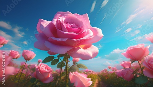Extreme Low Angle Of A Pink Rose Field Bg Blue Sky