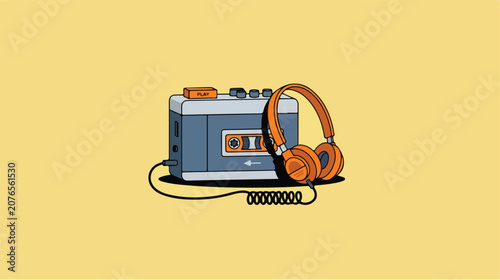 Vintage portable cassette player with orange headphones.
