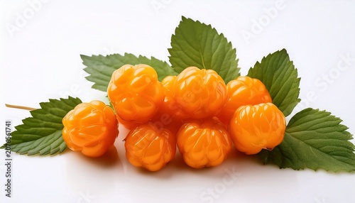 Vibrant Cloudberries With Green Leaves On White Background White Background