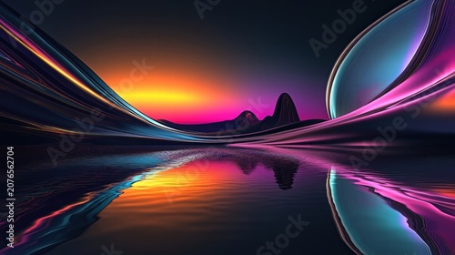 vibrant sunset landscape with abstract forms