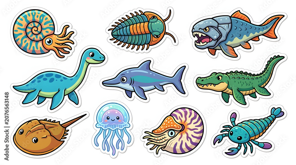 Obraz premium Cute Prehistoric Sea Creatures Sticker Set on White Background