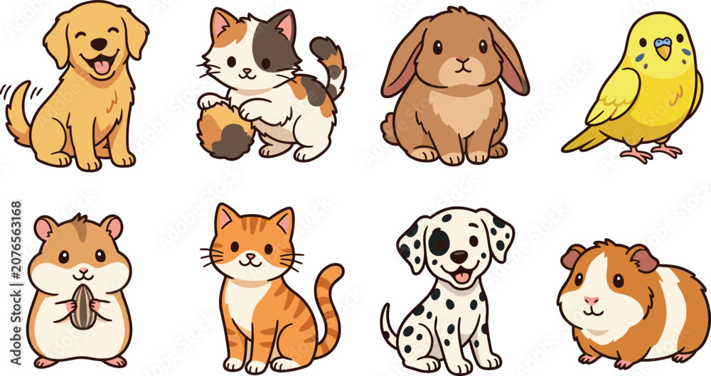 Fototapeta premium Set of cute cartoon domestic pets and animals for children design projects