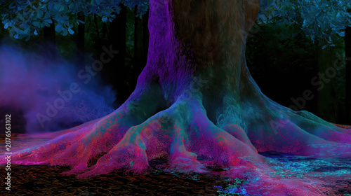 A large tree trunk with sprawling roots glows in vibrant neon colors of purple, blue, and pink against a dark, mystical forest background.
