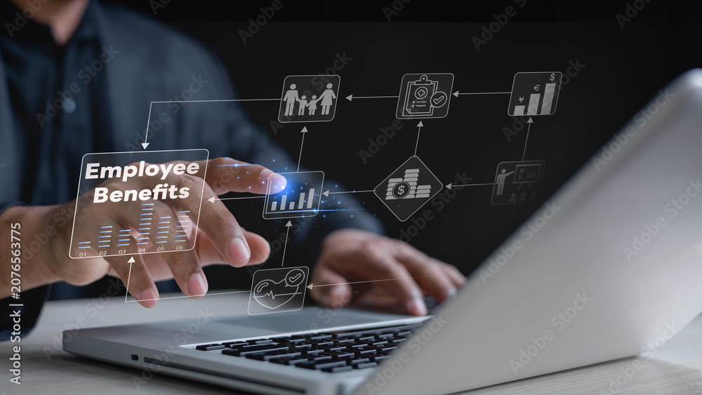 Fototapeta premium employees increase insurance revenue welfare.Business professional managing employee benefits, compensation, insurance, and workforce programs through a digital dashboard with financial analytics.