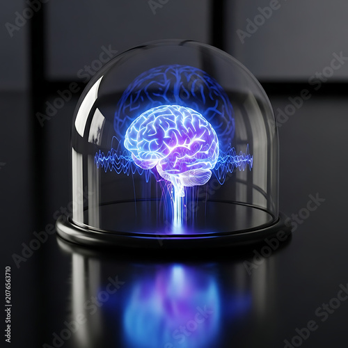 Glowing blue brain under a glass dome with sound waves  science technology concept transparent background