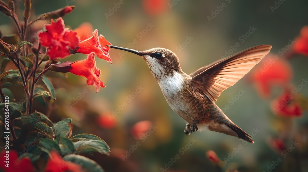 Obraz premium A hummingbird drinking nectar from a flower 