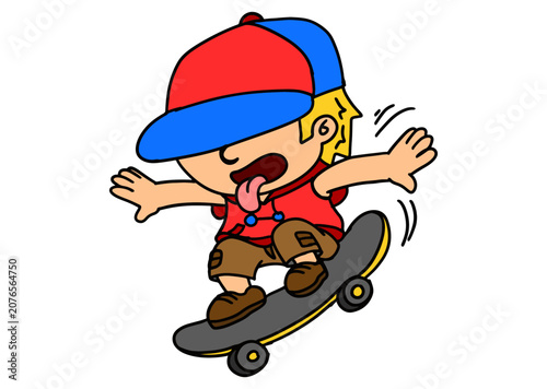 Cartoon Boy Riding Skateboard Performing a Side Balance Trick