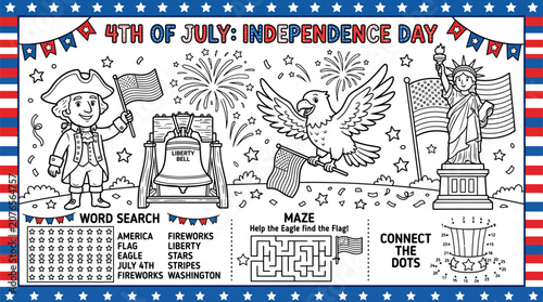 4th of july independence day coloring page for kids with fun activities