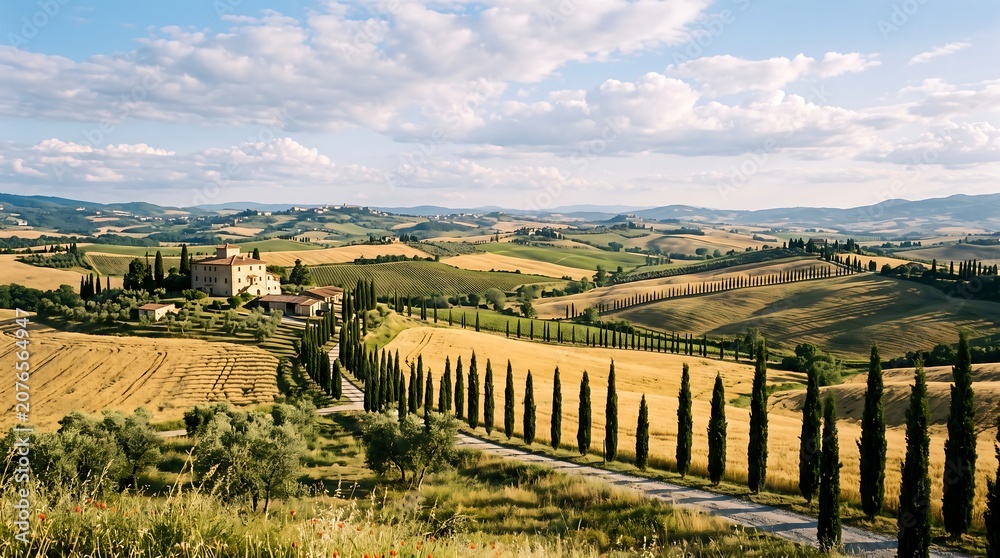 Fototapeta premium Tuscany Rolling Hills with Cypress Trees and Golden Wheat Fields