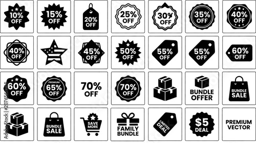 Black and white discount labels and icons for sales and promotions