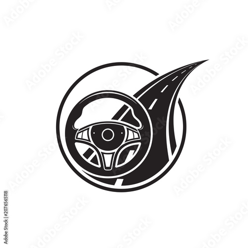 Black and white illustration of a steering wheel with a road