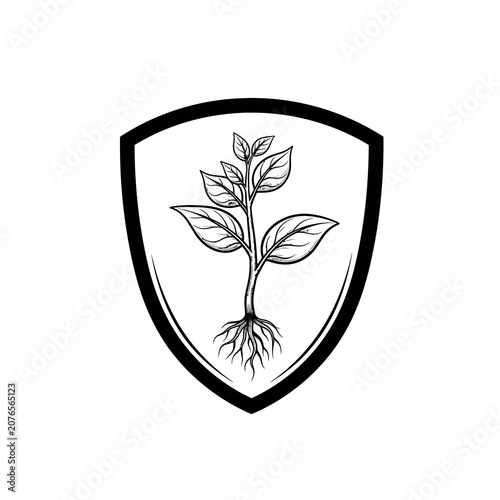 Black and white shield with a plant growing inside it