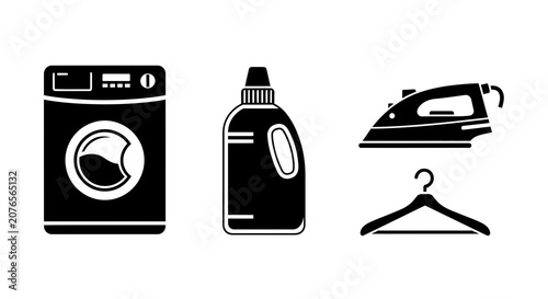 Black and white icons of laundry and cleaning supplies