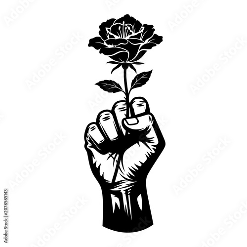 Black and white illustration of a hand holding a rose