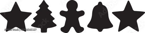 Black Christmas silhouette shapes set with stars tree gingerbread man and bell