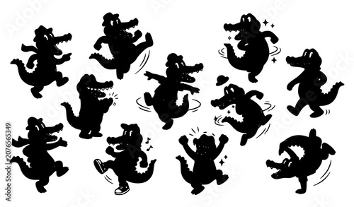 Obraz na płótnie Vintage Cartoon Dancing Crocodiles in Playful Retro Action Vector Collection
