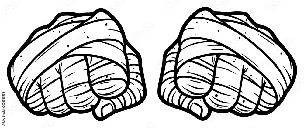Fototapeta premium Fists wrapped in bandages for boxing or combat sports in bold line art style