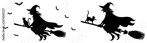 Fotografía Witch flying on broomstick with cat and bats in black silhouette style