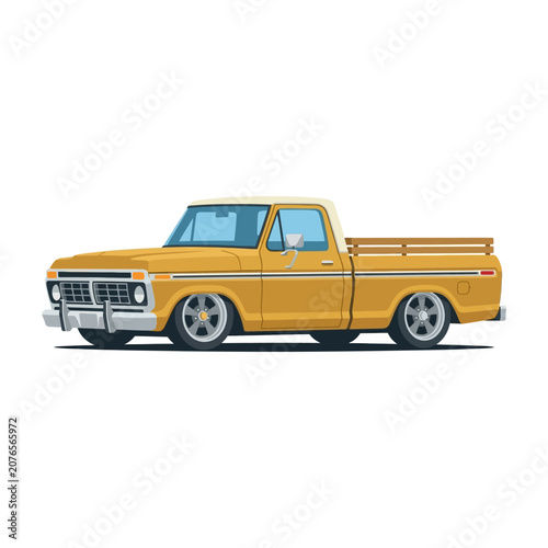 Custom Yellow Pickup Truck, Vintage Vehicle, Lowrider Style, Classic Automotive Art