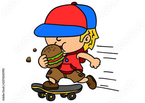 Cartoon Boy Riding Skateboard Holding a Hamburger