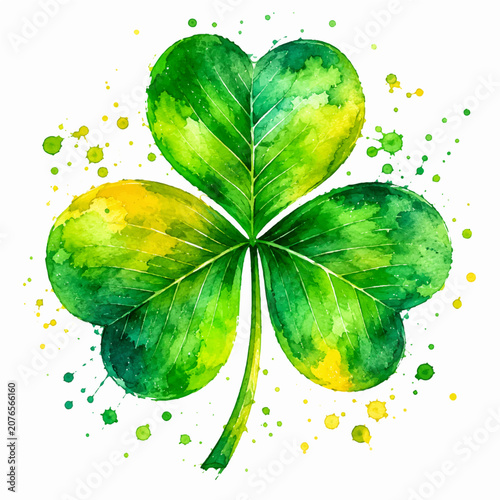 Shamrock Clover Watercolor Illustration with Green Yellow Paint Splatter