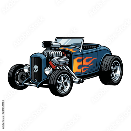 Hot Rod Car with Flames and Skull Grille