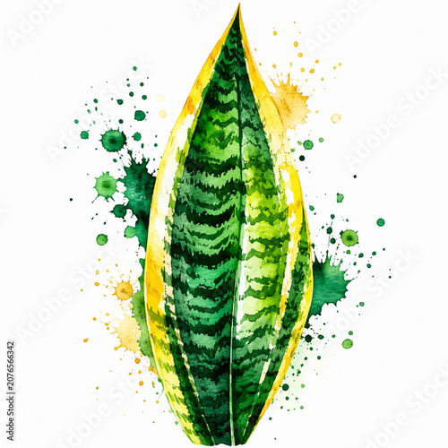 Snake Plant Leaf Watercolor Illustration with Green Yellow Striped Paint Splatter