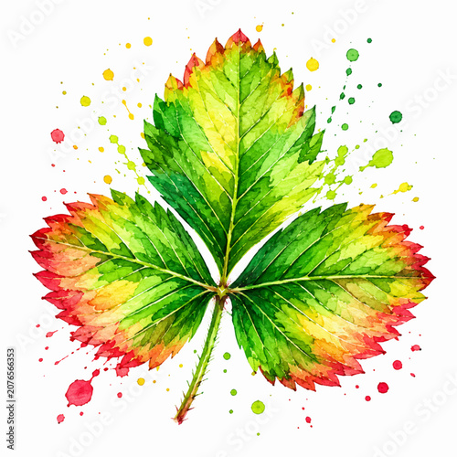 Strawberry Leaf Trio Watercolor Illustration with Green Red Paint Splatter
