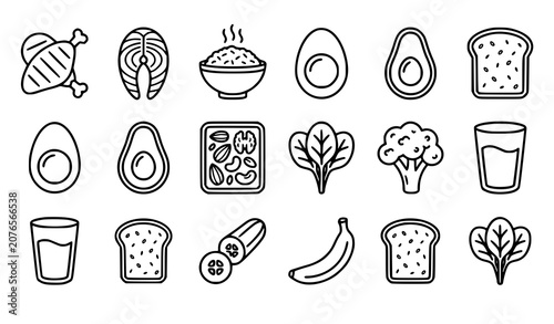 Bild auf Leinwand Healthy food line icons vector set with nutritious meal prep and protein symbols