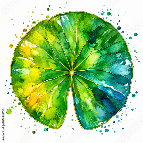 Taro Leaf Watercolor Illustration with Green Yellow Blue Paint Splatter
