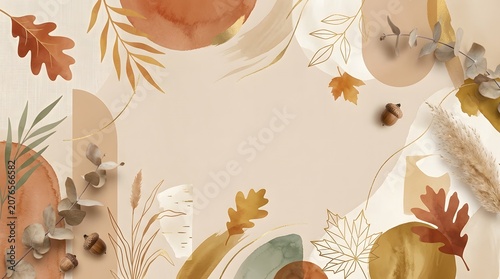 Autumn leaves and acorns on beige background with abstract shapes and golden accents