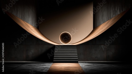 Minimalist dark architecture with stairs leading to glowing sphere under curved ceiling.