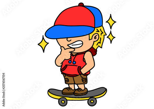 Cartoon Boy Riding Skateboard Standing with Confidence