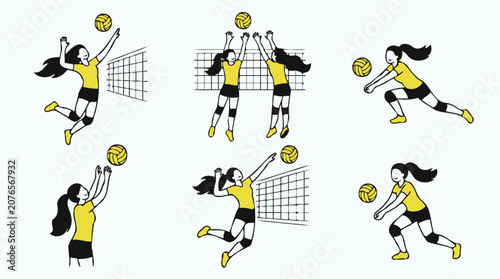 Female volleyball players action seamless pattern background