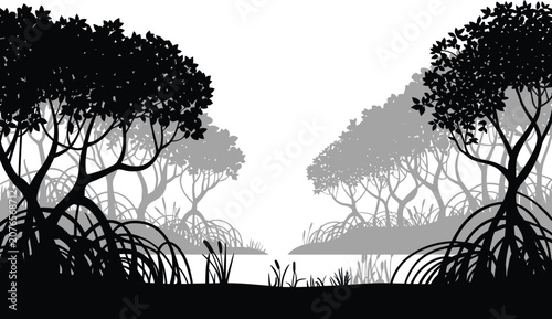 Mangrove swamp and coastal vegetation silhouette with mangrove vegetation silhouette ecosystem environment background illustration tropical outdoors minimalist monochrome wilderness