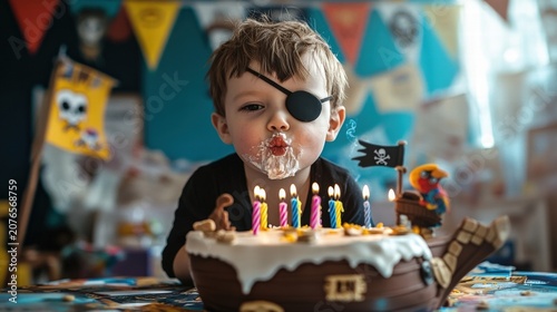 cute pirate boy blowing out birthday candles