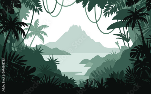 Tropical jungle landscape with mountain and lush vegetation tropical landscape mountain rainforest wilderness background adventure environment illustration silhouette destination paradise