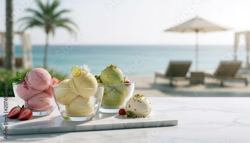 Ice Cream Bowls at Beach Resort with Ocean View
