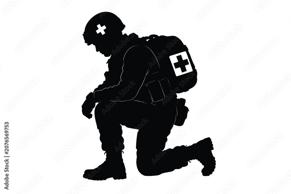 Fototapeta premium Military Medic Soldier Kneeling Silhouette Vector for Army Healthcare and War Game Design