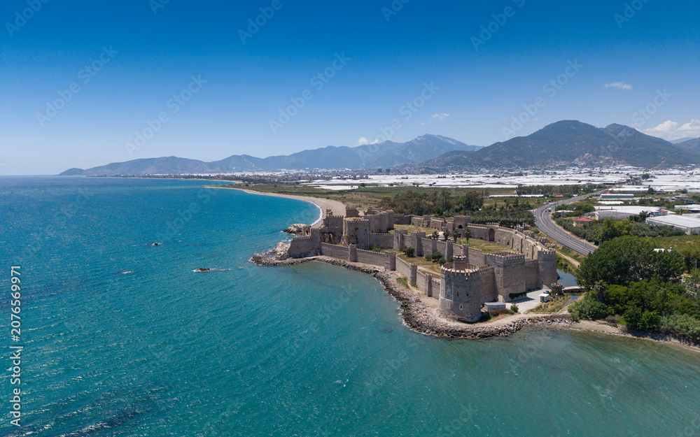 Obraz premium Spectacular Aerial Photograph of Mamure Castle in Anamur Mersin Turkey, One of the Best Preserved Medieval Fortresses on the Mediterranean Coast