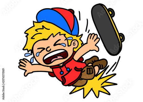 Cartoon Boy Falling from Skateboard After a Failed Trick