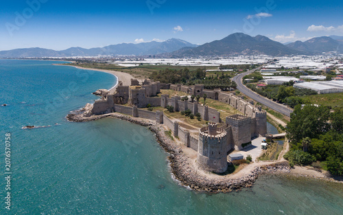 Spectacular Aerial Photograph of Mamure Castle in Anamur Mersin Turkey, One of the Best Preserved Medieval Fortresses on the Mediterranean Coast